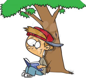 Royalty Free Clipart Image of a Boy Reading Under a Tree