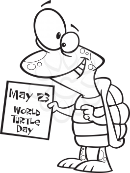 Royalty Free Clipart Image of a Turtle Holding a World Turtle Day Sign