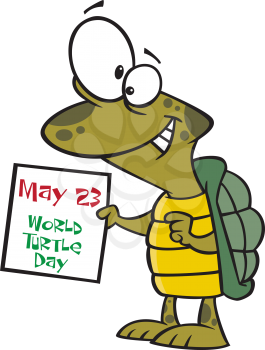 Royalty Free Clipart Image of a Turtle Holding a Sign for World Turtle Day