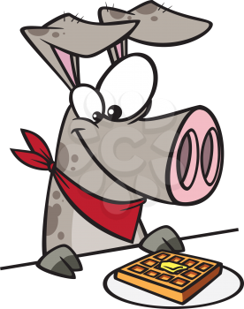 Royalty Free Clipart Image of a Pig Eating a Waffle