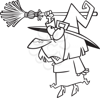 Royalty Free Clipart Image of a Witch Hanging from her Broomstick