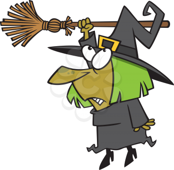 Royalty Free Clipart Image of a Witch Hanging from her Broomstick