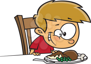 Royalty Free Clipart Image of a Boy Eating a Turkey Dinner
