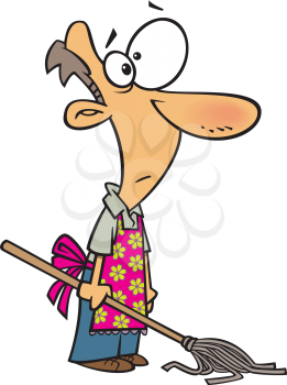 Royalty Free Clipart Image of a Man in an Apron Holding a Mop