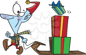 Royalty Free Clipart Image of an Elf Pulling a Sled With Gifts