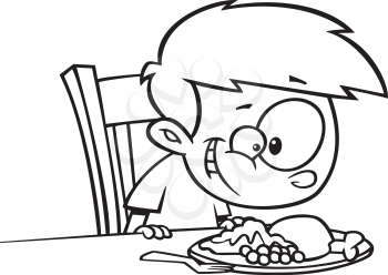 Royalty Free Clipart Image of a Boy Eating Turkey Dinner