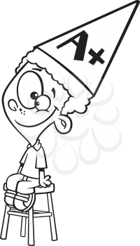 Royalty Free Clipart Image of a Boy Wearing a Dunce Cap With an A+ on It