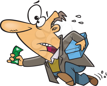 Royalty Free Clipart Image of a Man Running With Money and a Box