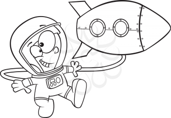 Royalty Free Clipart Image of a Boy in Spacesuit by a Rocket