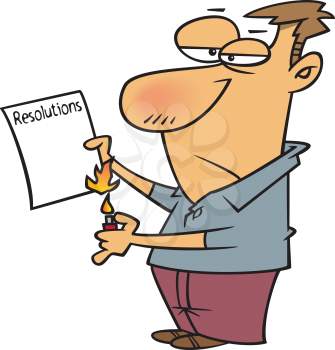 Royalty Free Clipart Image of a Man Burning his New Years Resolution Paper