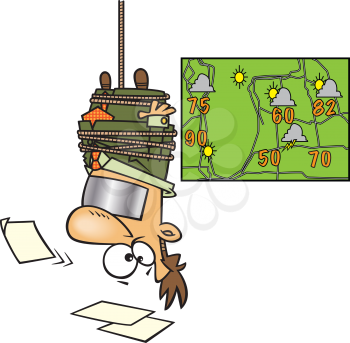 Royalty Free Clipart Image of a Weatherman Hanging Upside Down