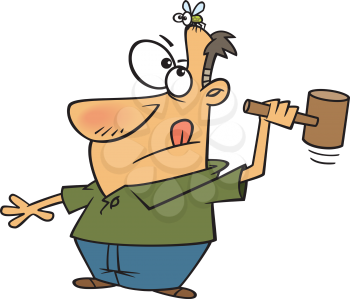 Royalty Free Clipart Image of a Man with a Bee on his Head and a Hammer in his Hand