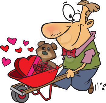 Royalty Free Clipart Image of a Man with a Wheelbarrow with Hearts and a Teddy Bear