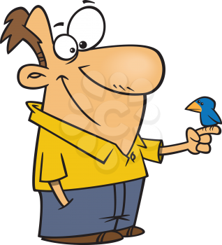 Royalty Free Clipart Image of a Man with a Bird Perched on his Finger