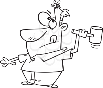 Royalty Free Clipart Image of a Man with a Bee on his Head and a Hammer in his Hand