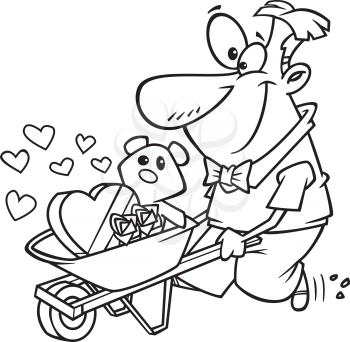 Royalty Free Clipart Image of a Man with a Wheelbarrow with Hearts and a Teddy Bear
