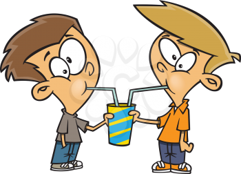 Royalty Free Clipart Image of Two Boys Drinking the Same Drink With Straws
