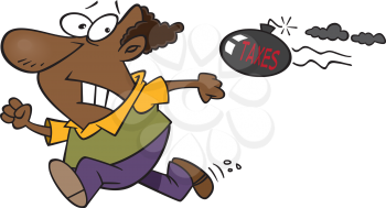 Royalty Free Clipart Image of a Man Running from a Bomb that says Taxes
