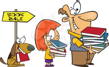 Royalty Free Clipart Image of a Man, Girl and Dog at a Book Sale