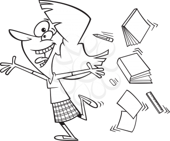 Royalty Free Clipart Image of an Excited Woman Throwing Books and Pencils