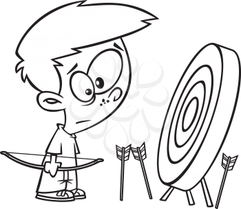Royalty Free Clipart Image of a Boy With a Bow and Arrows Looking at a Target