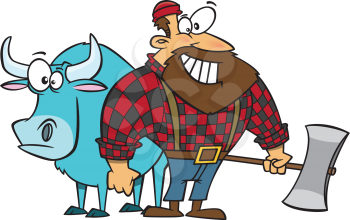Royalty Free Clipart Image of a Lumberjack and an Ox
