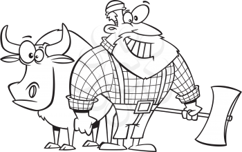 Royalty Free Clipart Image of a Lumberjack and an Ox
