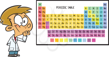 Royalty Free Clipart Image of a Boy Beside a Periodic Table