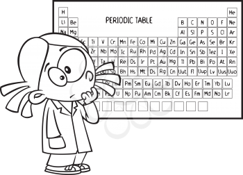 Royalty Free Clipart Image of a Girl in Front of a Periodic Table