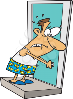 Royalty Free Clipart Image of a Man in His Boxers Locked Out of His House