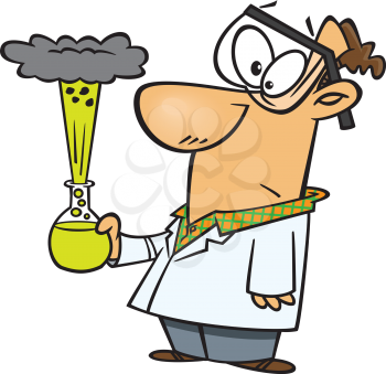 Royalty Free Clipart Image of a Scientist Looking at Steam Coming Out of a Beaker