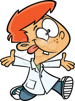 Royalty Free Clipart Image of a Boy in a Lab Coat Making a Face and Running