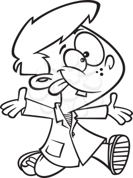 Royalty Free Clipart Image of a Boy in a Lab Coat Running and Making Funny Faces