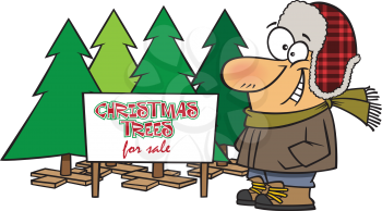 Royalty Free Clipart Image of a Man Selling Christmas Trees