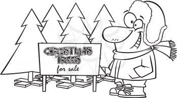Royalty Free Clipart Image of a Colouring Page of a Man Selling Christmas Trees
