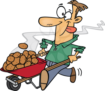 Royalty Free Clipart Image of a Man With a Wheelbarrow Full of Potatoes