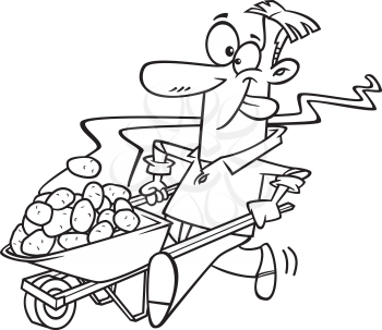 Royalty Free Clipart Image of a Man Pushing a Wheelbarrow Full of Potatoes