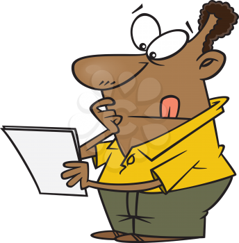 Royalty Free Clipart Image of a Man Looking Puzzled at a Piece of Paper