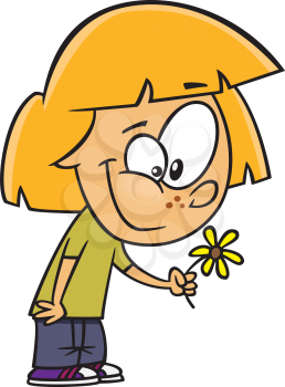 Royalty Free Clipart Image of a Girl Looking at a Daisy