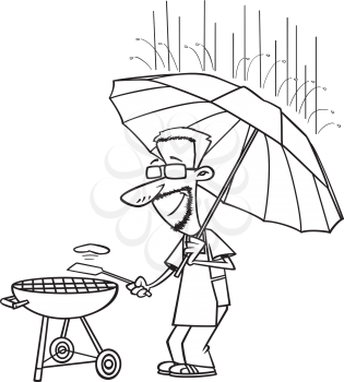 Royalty Free Clipart Image of a Man Barbecuing in the Rain