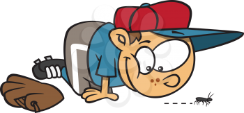 Royalty Free Clipart Image of a Little Baseball Player Looking at a Bug