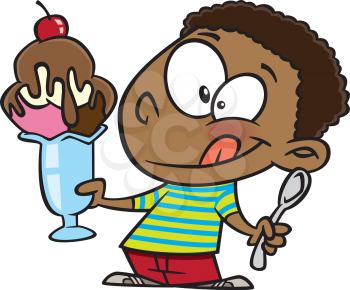 Royalty Free Clipart Image of a Little Boy With an Ice Cream Sundae