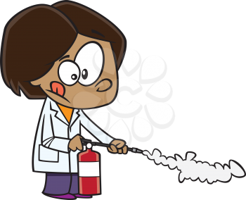 Royalty Free Clipart Image of a Girl Wearing a Lab Coat Using an Extinguisher