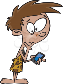 Royalty Free Clipart Image of a Cave Boy Finding a Cellphone