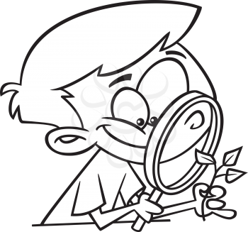Royalty Free Clipart Image of a Boy Looking Through a Magnifying Glass at a Leaf