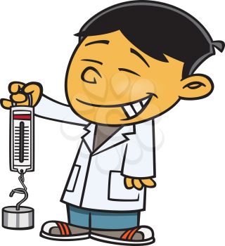 Royalty Free Clipart Image of a Boy in a Lab Coat Holding a Scale