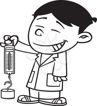 Royalty Free Clipart Image of a Boy in a Lab Coat Holding a Spring Scale