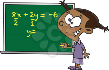 Royalty Free Clipart Image of a Child Writing an Equation on a Chalkboard