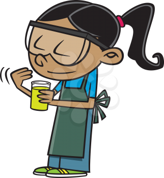 Royalty Free Clipart Image of a Girl Smelling a Liquid in a Glass