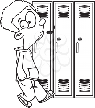 Royalty Free Clipart Image of a Boy Whistling Beside Lockers